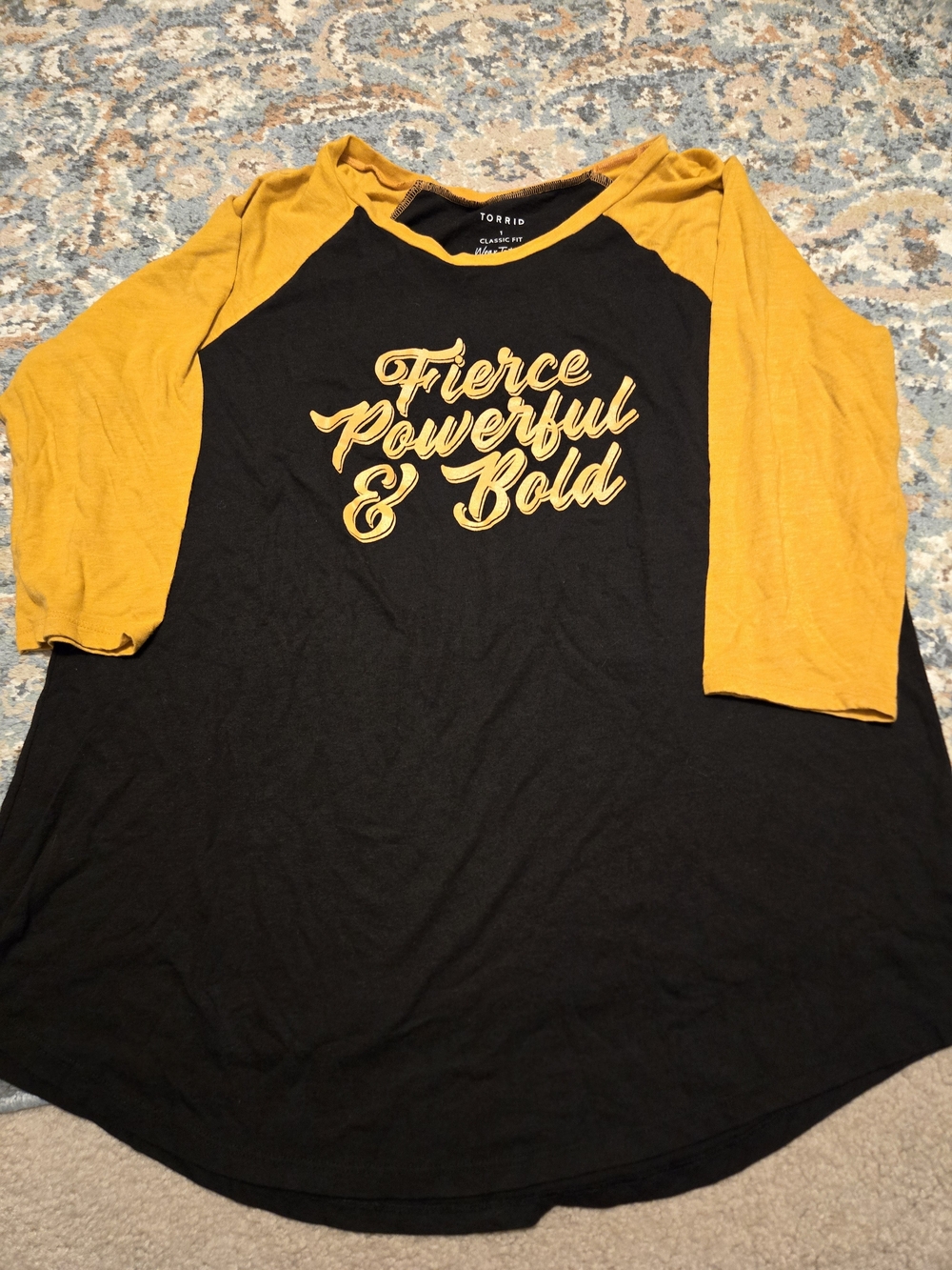 Torrid Fierce Powerful & Bold Black & Yellow Raglan Top